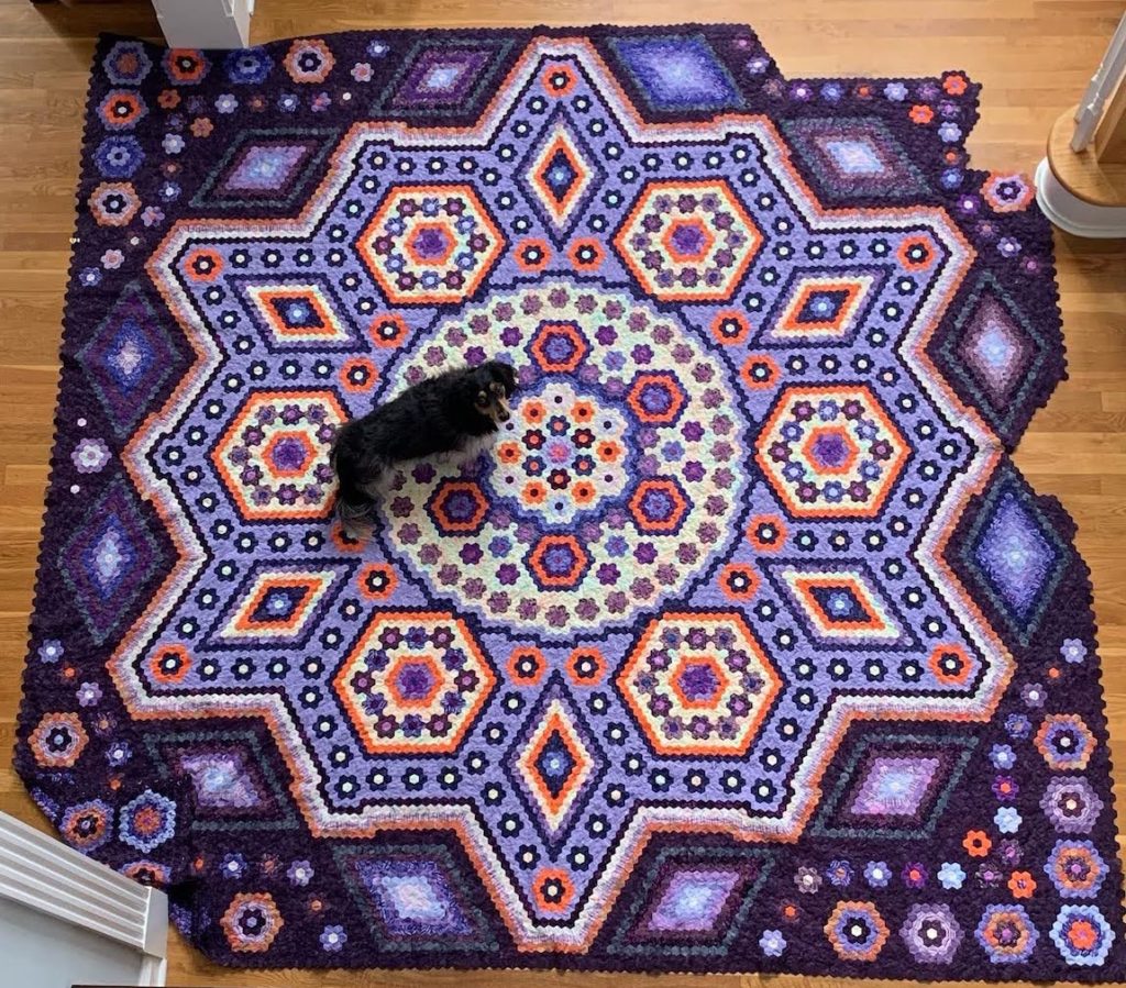 Full view of nearly completed La Passion quilt.  With dog, of course. 