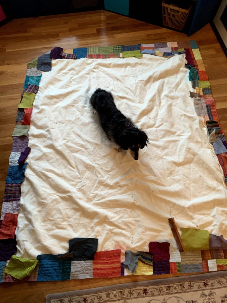 kawandi quilting in progress with wiener for scale.
