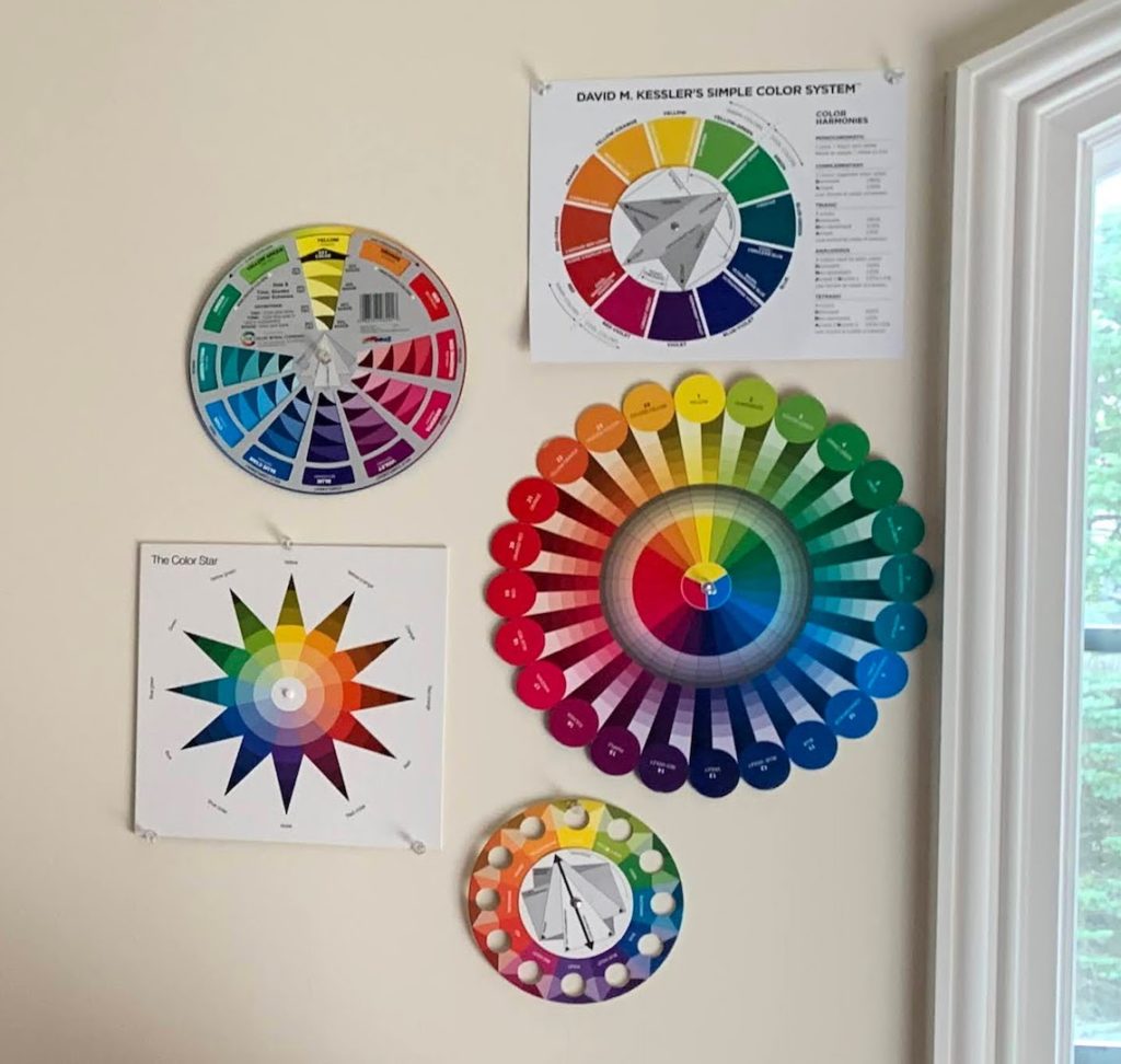 Color wheel collection hung on a wall
